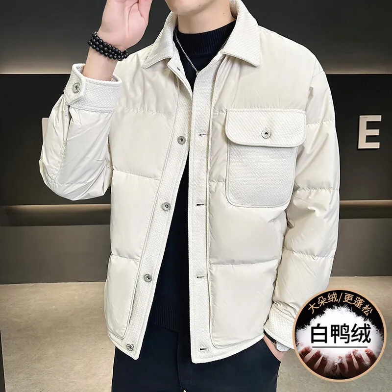 2025 Men's, Lapel, Striped Color Matching Big Pocket Fashion, Casual Down Jacket