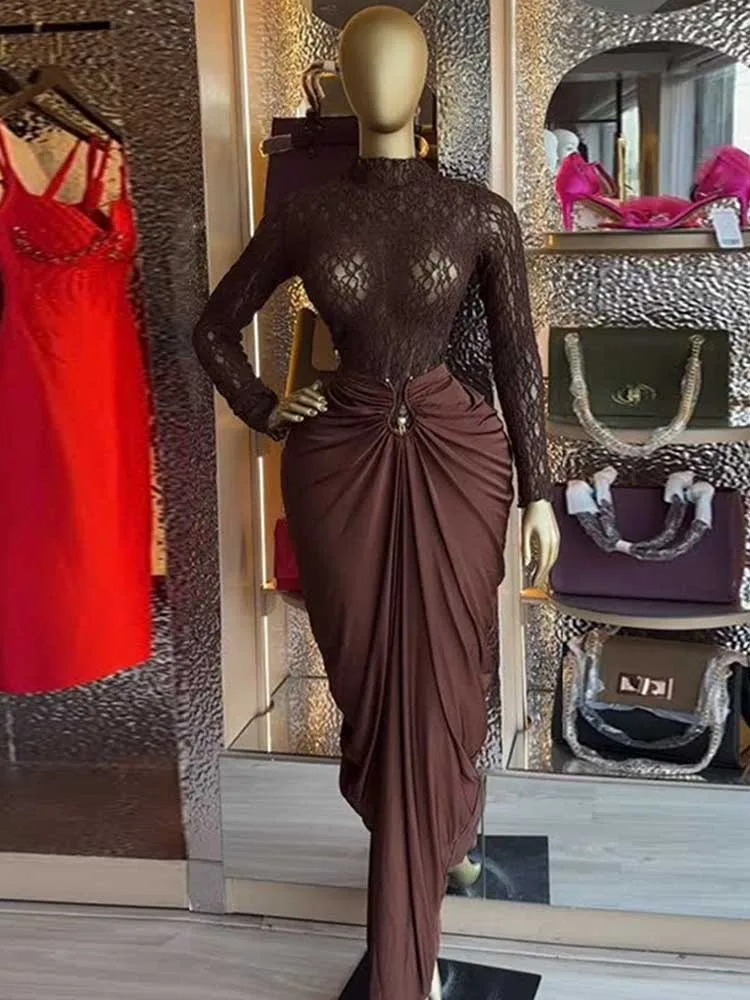 

Женский комплект из двух предметов с юбкой, женская одежда, коричневый кружевной топ с длинными рукавами, шикарная плиссированная длинная юбка, сексуальный наряд, оптовая продажа, дропшиппинг