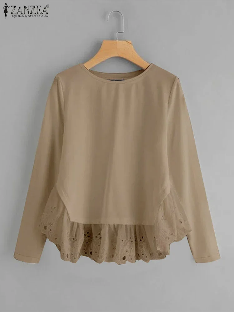 

ZANZEA 2025 Fashion Women Tops Casual Loose Lace Stitching Solid Color Blouse Holiday Long Sleeve O-neck Tunic Blusas Femininas