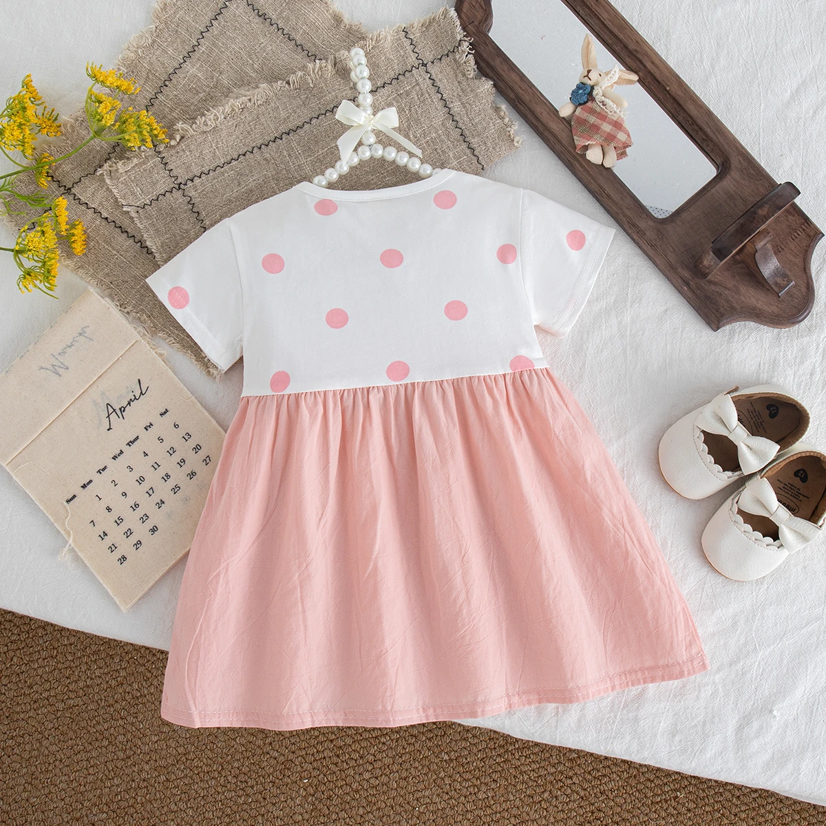 فستان بناتي قطني وردي منقط بتصميم أرنب لطيف بأكمام قصيرة فستان بناتي صيفي كاجوال يومي