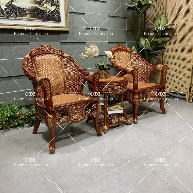 Natural Real Rattan Chair 3 Piece Set Balcony Table and Chair Coffee Table Combination High End Woven High Backrest Armchair
