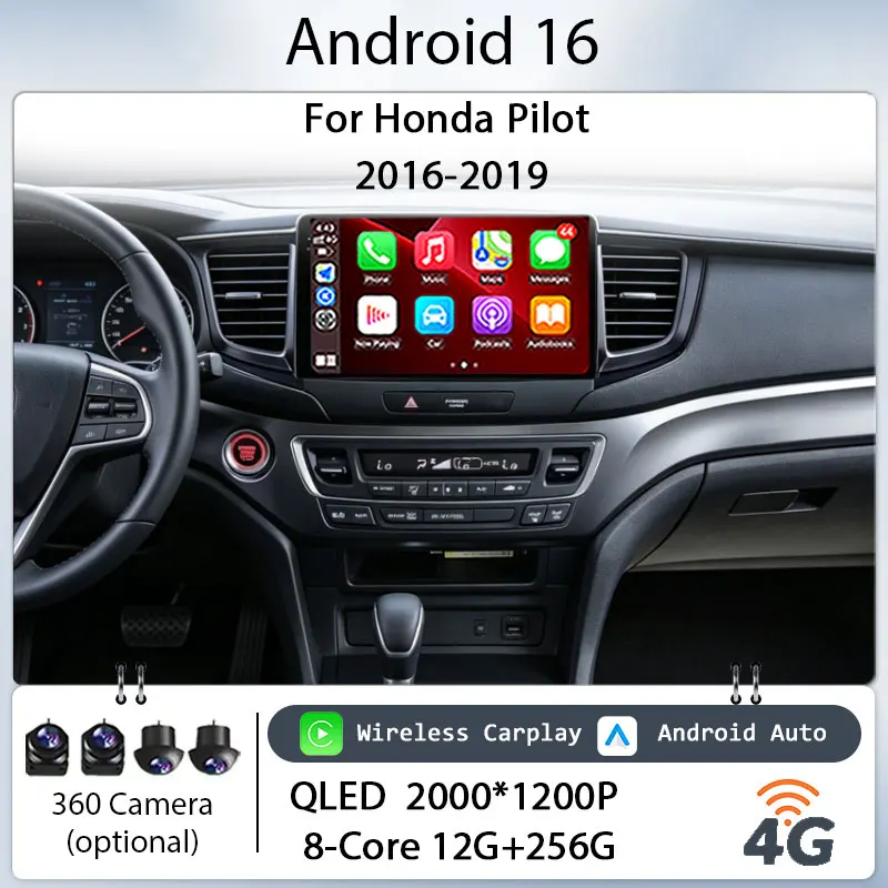 Estéreo para Auto Android 16 de 10 Pulgadas con Pantalla Táctil IPS HD, CarPlay Inalámbrico para Honda Pilot 2016-2019, GPS, Navegador, Bluetooth, WiFi, Reproductor DSP, Unidad Principal