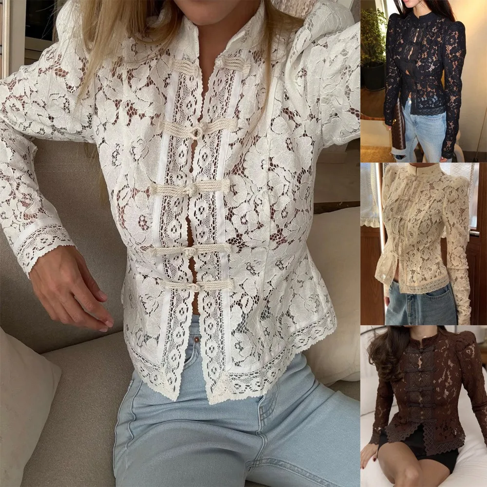 

2026 Summer Chic Shirts Blouse For Woman Classical Temperament Elegant See Through Lace Long Sleeves Fashion Slim Simple Style