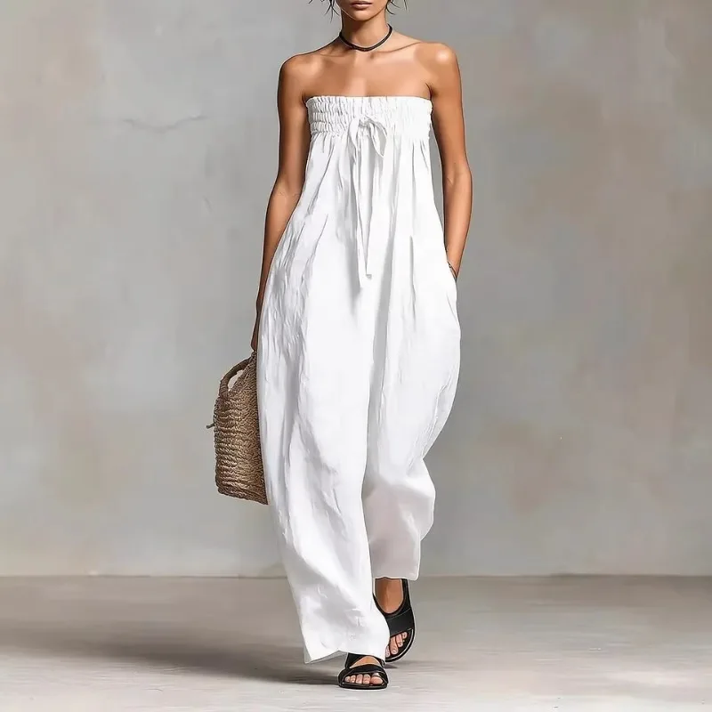 Women Strapless Jumpsuit Smocked Bust Tie Front Wide Leg Palazzo Pants with Side Pockets Summer Beach Vacation Romper