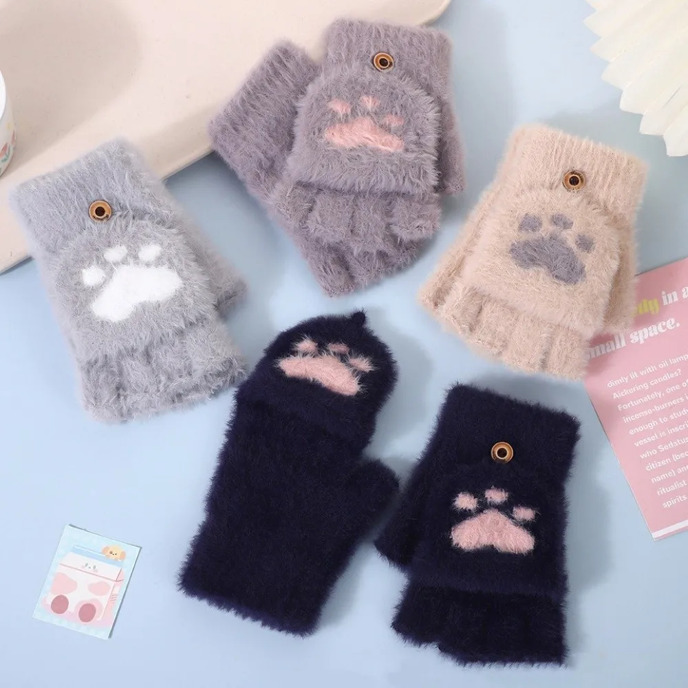 Cute Soft Cat Paw Gloves Thicken Short Fingerless Half Finger Gloves Flip Up and Down Touch Screen Warm Mittens Outdoor