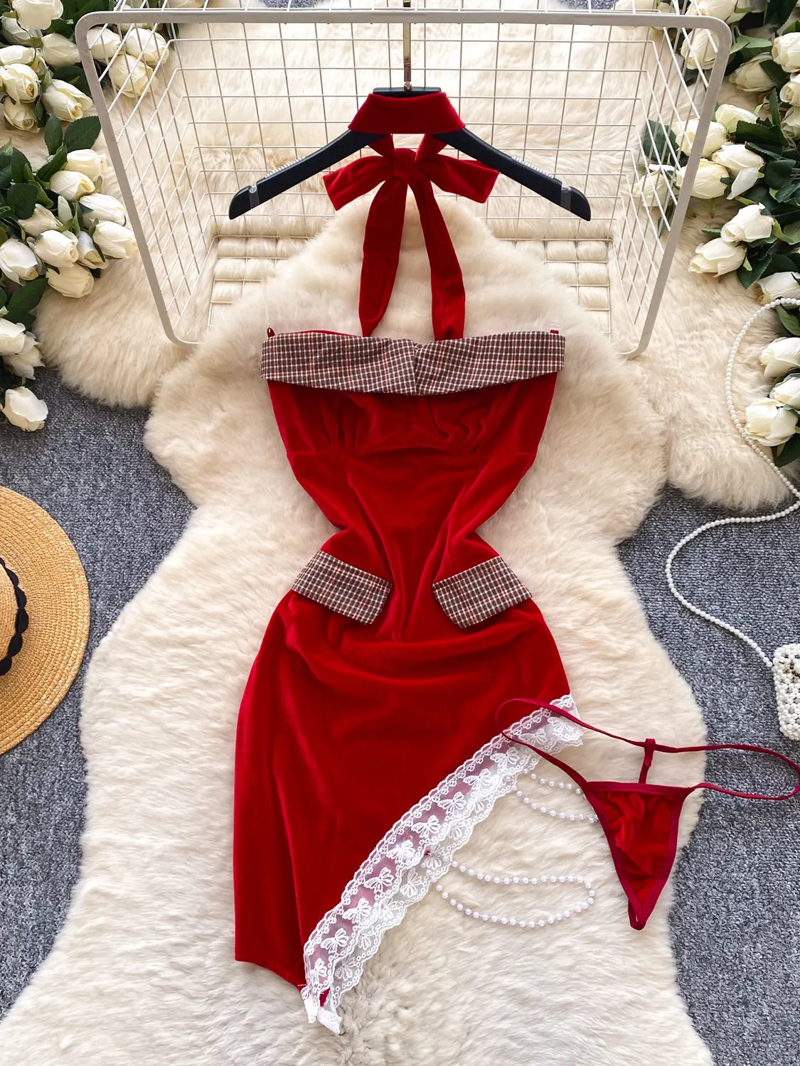 

Женский комплект: красное бархатное мини-платье-ночнушка, винтажный эротический сексуальный комплект из двух предметов с стрингами, кружевное платье-наряд