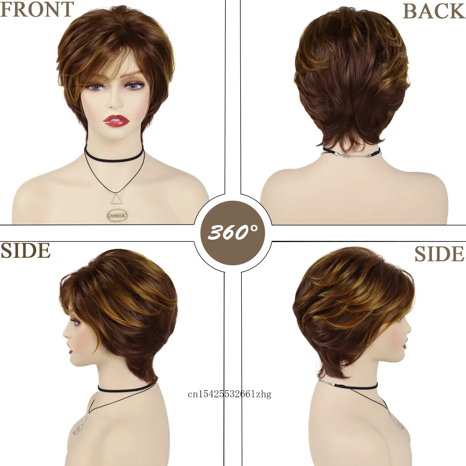 GNIMEGIL Synthetic Wigs for Women Natural Short Pixie Cut Wig with Bangs Brown Mix Blonde Highlight Wigs Daily Ladies Fake Hair