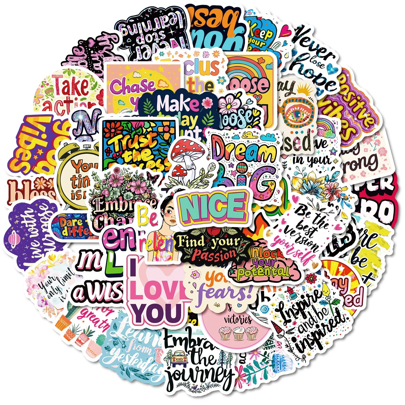 50Pcs Motivational English Graffiti Stickers DIY Decals for Luggage Fridge Laptop Skateboard Scrapbook Journal Waterproof Craft