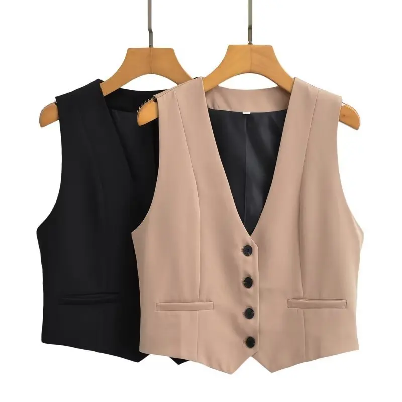 

2024 European and American Style Autumn Women's Clothing New Short Style Solid Color Vest