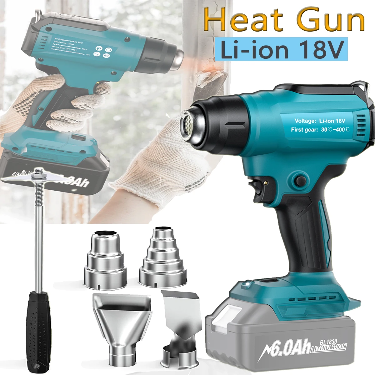 Heat Gun Cordless Hot Air Gun Industrial Handheld Electric Heat Gun Temperatures Adjustable For Makita 18V Battery (No Battery)