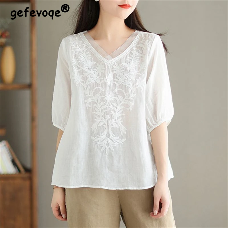 Women\'s Vintage Embroidery Half Sleeve Blouse 2024 Summer V-neck Loose Cotton Linen Shirt Simple Casual Solid Thin Tops Female