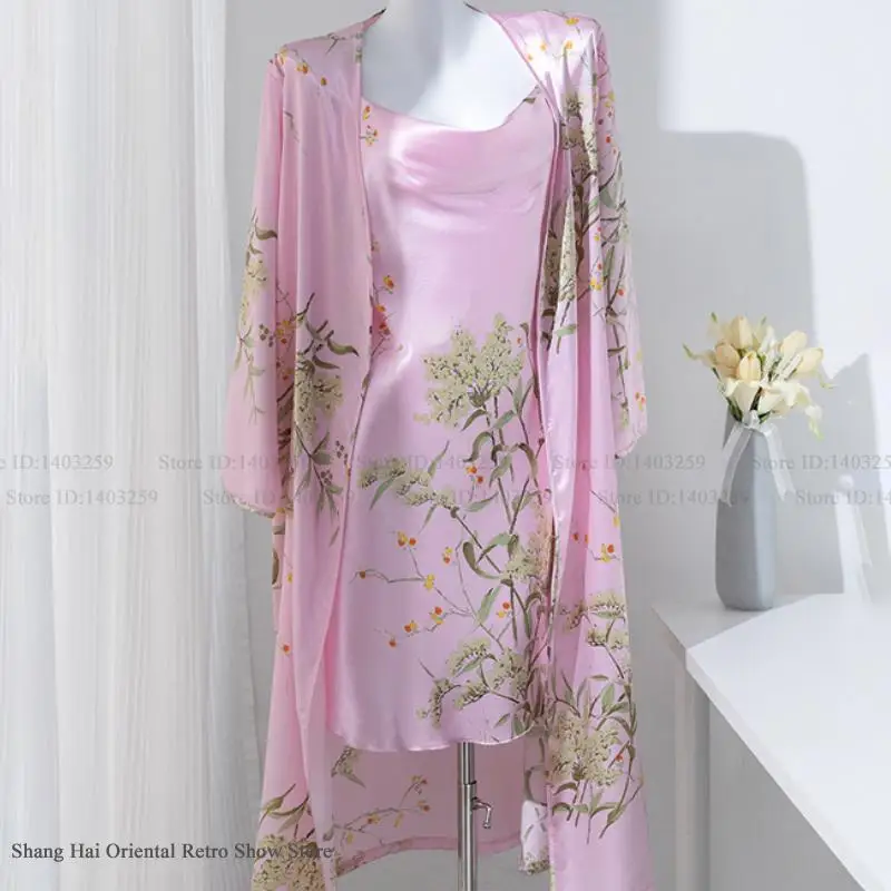 

Комплект-двойной халат с цветочным принтом, женское кимоно, халат, летняя шелковая атласная одежда для сна, ночная рубашка, свободная домашняя одежда, интимное белье