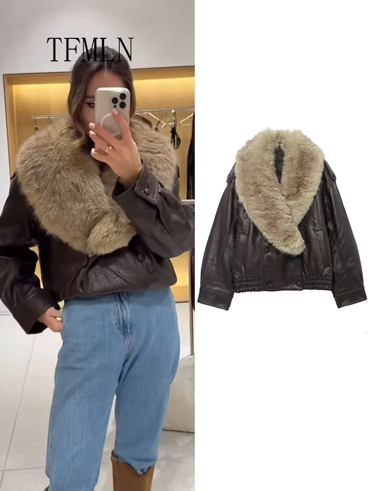

Новая зимняя женская куртка со съемным воротником из искусственной кожи, шикарное повседневное двубортное свободное пальто, уличная верхняя одежда с длинными рукавами