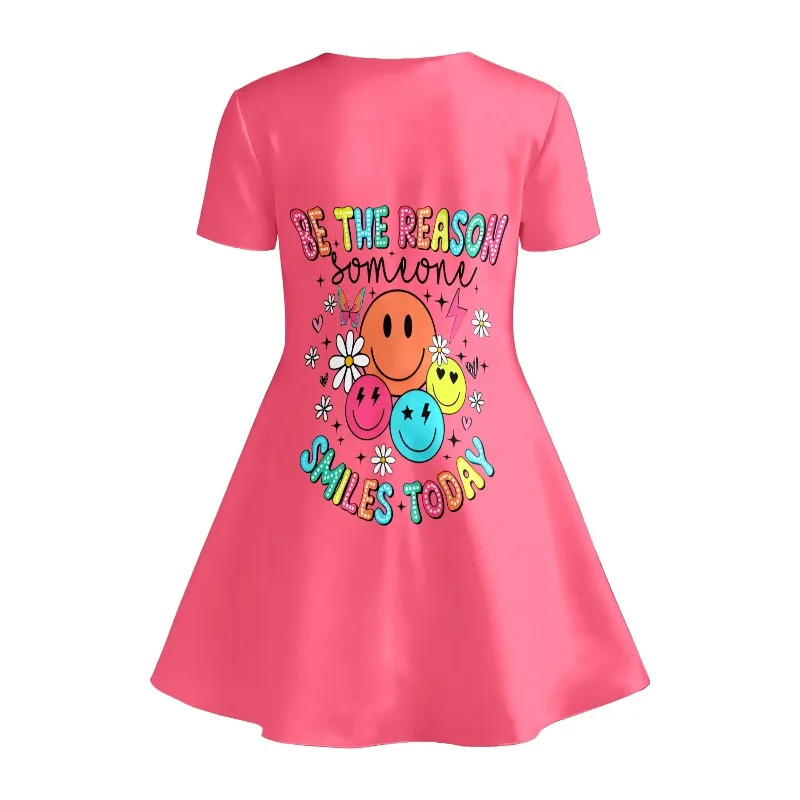 Little Girls Sweet Lovely Bright Soft Cute Trendy Cartoon Print Summer Swing Dress Short Sleeve Kids Daily Outfit