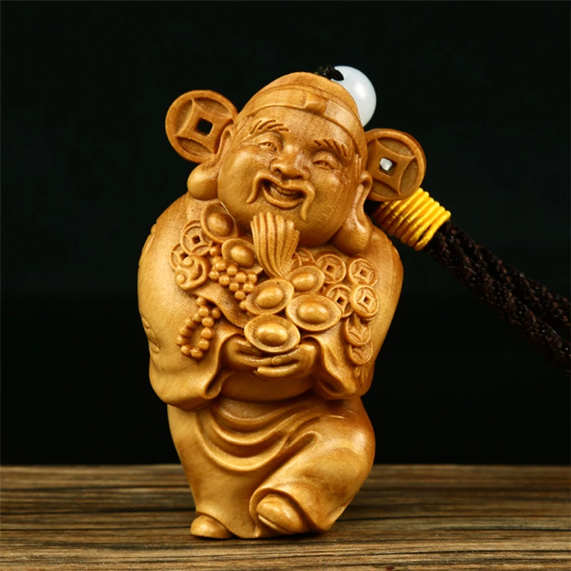 4*3*7cm Boxwood Handmade Carving God Collective Wealth Fengshui Figurine Statue Exquisite Hand Pieces Decorate Key Chain