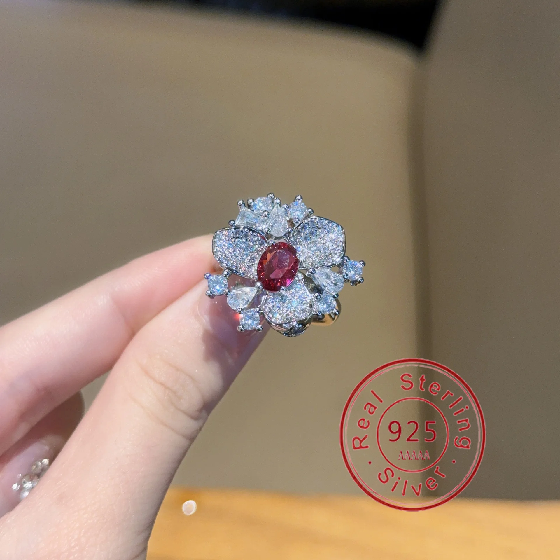 Luxury 925 Sterling Silver Oversize Sparkling Flower Micro Inlaid Zircon Rings for Women Fine Wedding Jewelry Gift