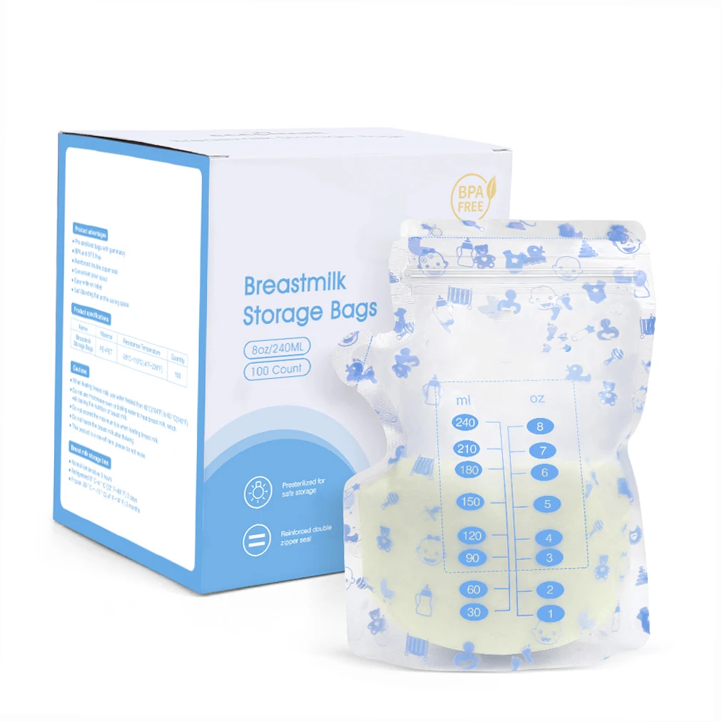 100Pcs Breast Milk Storage Fresh Bags 240ML Safe BPA Free Milk Storage & Freezing Bag Container for Baby Infants Newborn