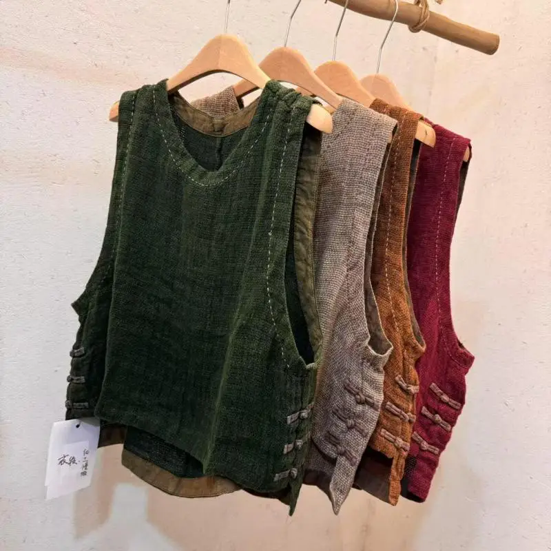 

Spring Summer New Arts Style Women O-neck Loose Sleeveless Coats Good Quality Vintage Button 100% Linen Pullover Vest B11312025