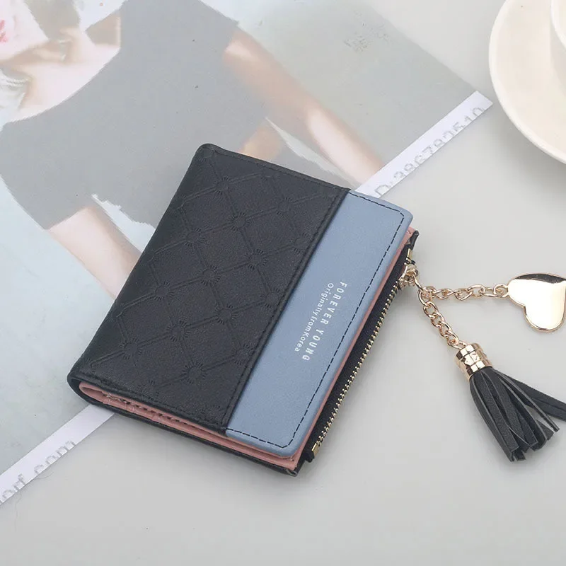 New Arrival Short Women Wallets Tassel Zipper Purse Patchwork Fashion Panelled Wallets Trendy Coin Purse Card Holder Leather