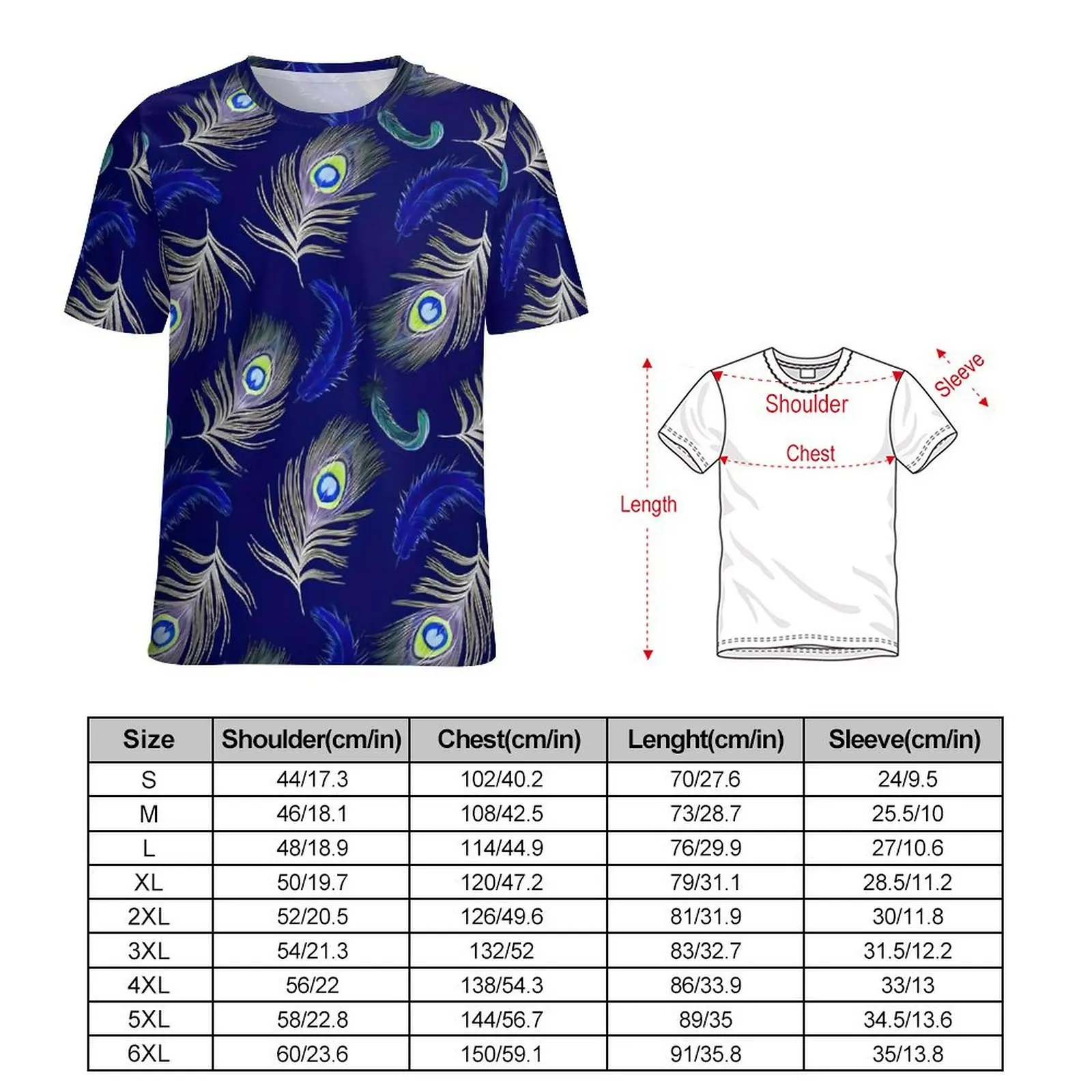 Blue Peacock Feather T-Shirt For Mens Animal Print O Neck T-Shirts Beach Trending Tops Short Sleeve Awesome Oversized Tee Shirt