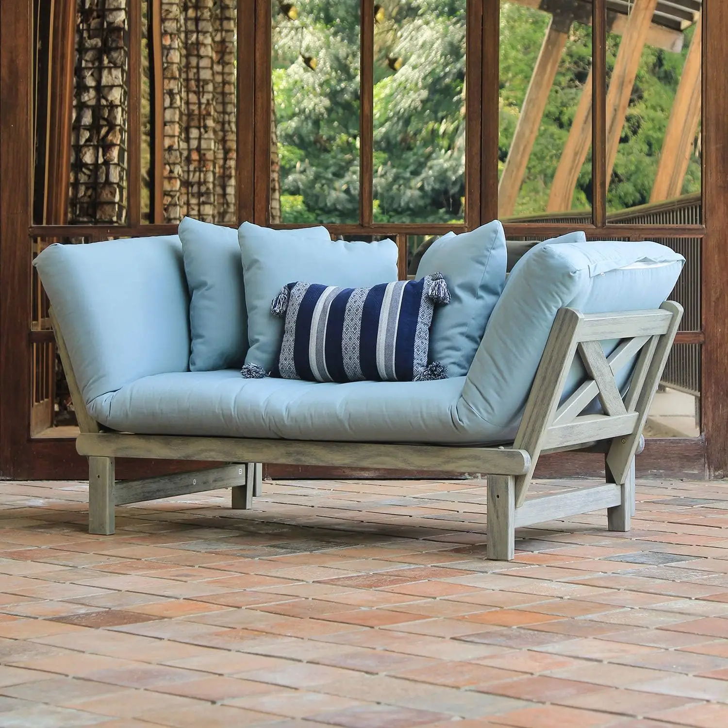 West Lake Outdoor Convertible Sofa Daybed, Solid Wood, Blue Spruce Cushion/Weathered Gray