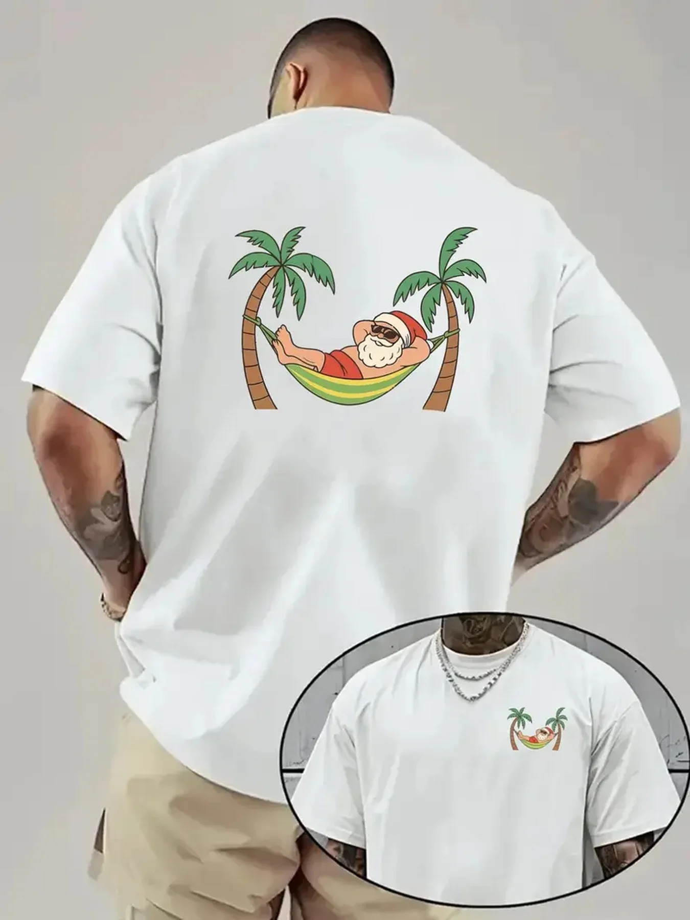 Santa Claus Tropical Beach Vacation Graphic T-Shirt Men's Short Sleeve Cotton Tee