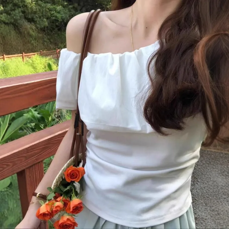 

Women's Summer One Shoulder Ruffle Trim Crop Top Casual Short Sleeve BlouseYY229