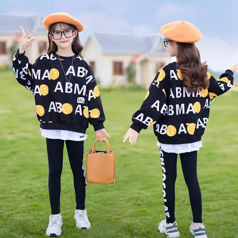 

2024 spring teenager kids girl Clothes letters smile Hoodie tracksuit sweater Shirts + leggings pant child set 8 9 10 11 12 Year