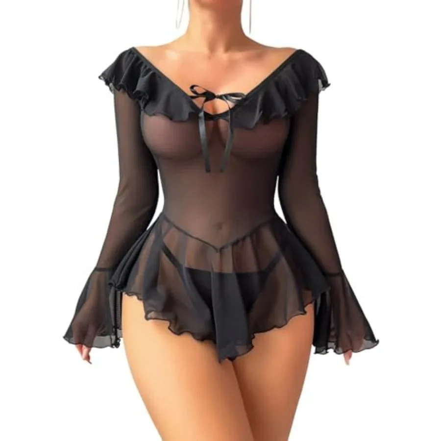 

Sexy Lingerie for Women Rave Outfits Clubwear See Through Lingerie Sets Bell Sleeve Ruffle Mesh Tops