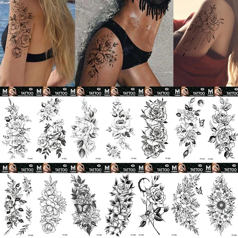 Sexy Black Flower Temporary Tattoos For Women Thigh Men Fake Moon Rose Compass Fake Tatoos Forearm Arm Sleeve Tattoo Stickers