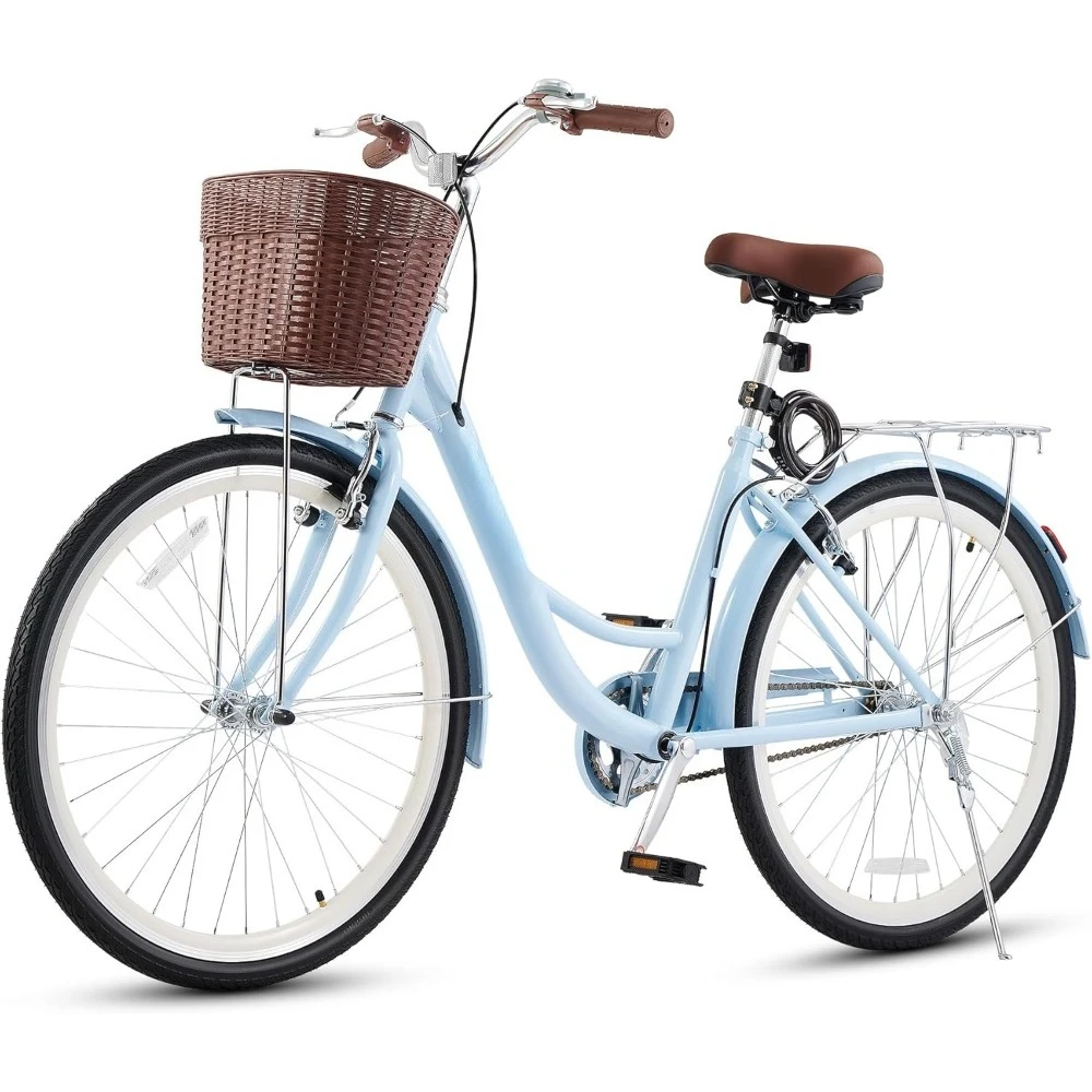 

Beach Cruiser Bike for Women, 24 26 inch Womens Bike 1 Speed with Front Basket & Rack, Step Through Comfort Bicycle for Seniors