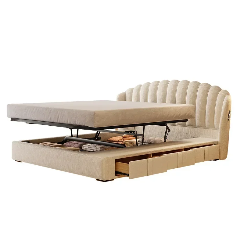 

Cream cat scratching cloth bed Modern simple master bedroom Princess double small apartment soft bag cloud petal cloth bed