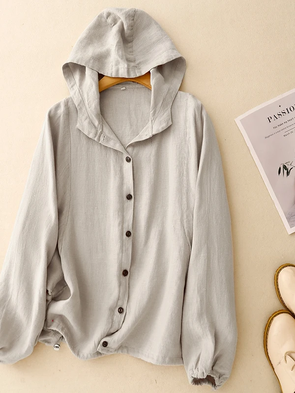 

Retro Japanese Sle Linen Hooded irt Jaet Women's Summer Simple Loose Casual Lightweight Cotton Linen Sun Protection Top