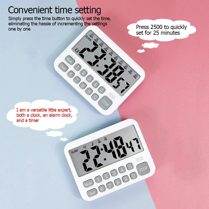 Digital Kitchen Timer 10-Alarms Clocks 99 Hours Countdown Mute/Vibration Magnetic Alarm Clock Table Timers for Cooking Studying