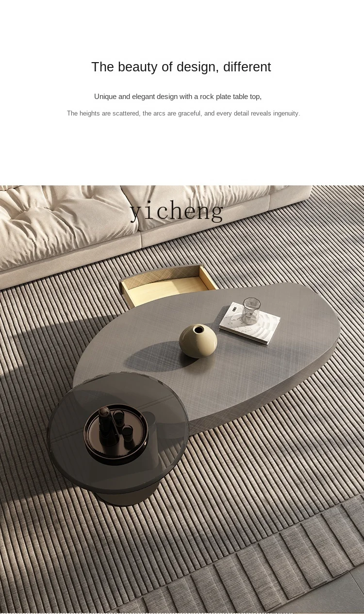 ZF Stainless Steel With Solid Wood Drawers Light Luxury Small apartment Household Special-shaped Coffee Table