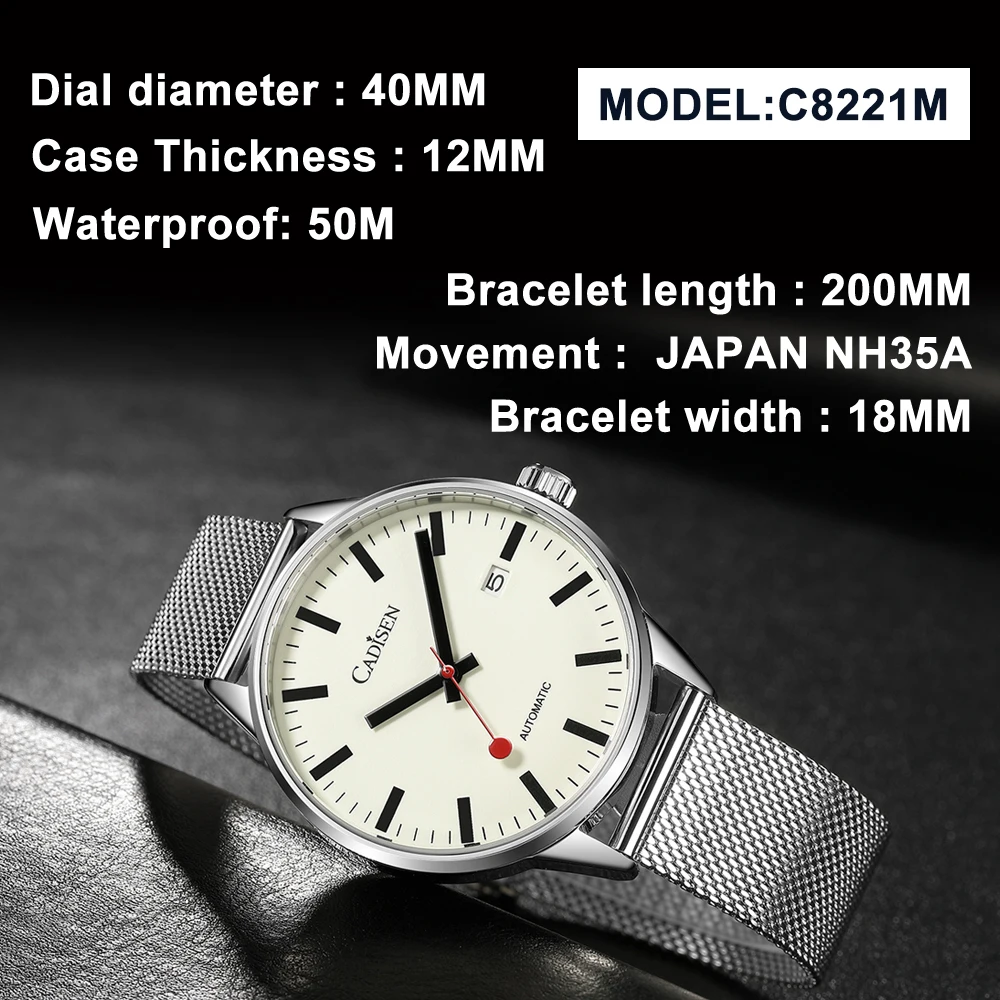 CADISEN Automatic Watch Men Luminous Stainless Steel Self-Wind Wristwatch NH35A Sapphire Waterproof Mesh Belt Mechanical Watch