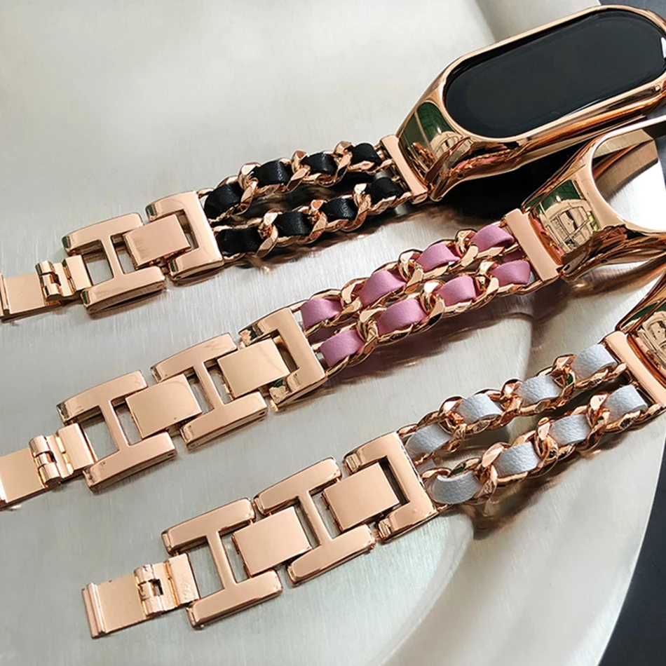 For Xiaomi Mi Band 8 7 6 5 Strap Fashion Luxury Loop Chain Bracelet Miband 8 5 4 3 Stainless Steel Replacement Wristband Correa