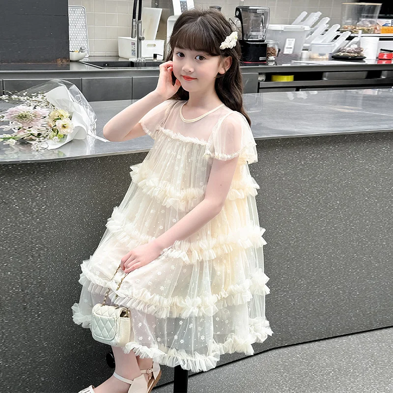 2025 new children's plush floral jumpsuit dress girls' sleeveless hollow princess dress party multi-layer cake dress skirt