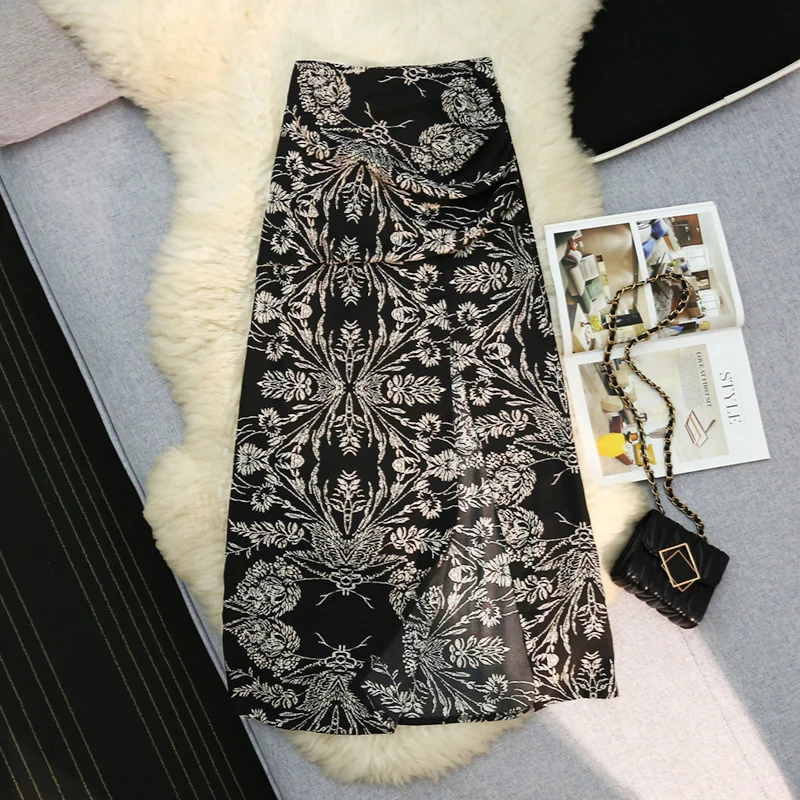 

Новая винтажная модная юбка RAIN YAN LIN с вышивкой цветов, черная, женская, весенняя, с завышенной талией, с разрезом, приталенная, универсальная