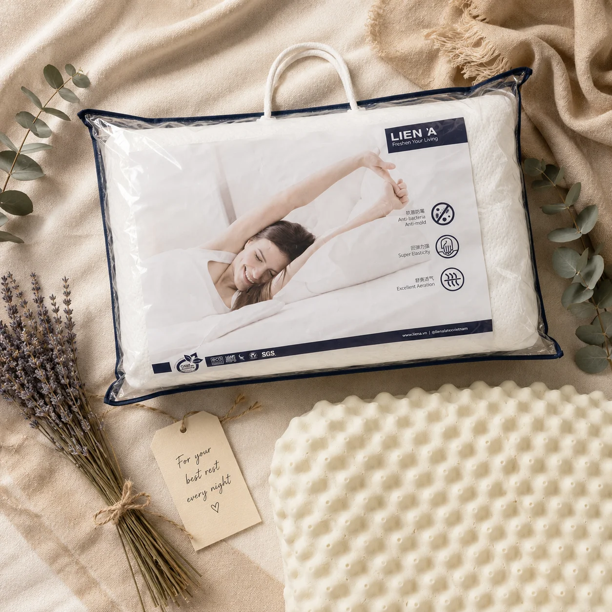 LIEN'A 3D Wave Natural Latex Pillow Massage Particle Beauty Pillow Ergonomic Cervical Neck Support Contour Pillow for Sleep