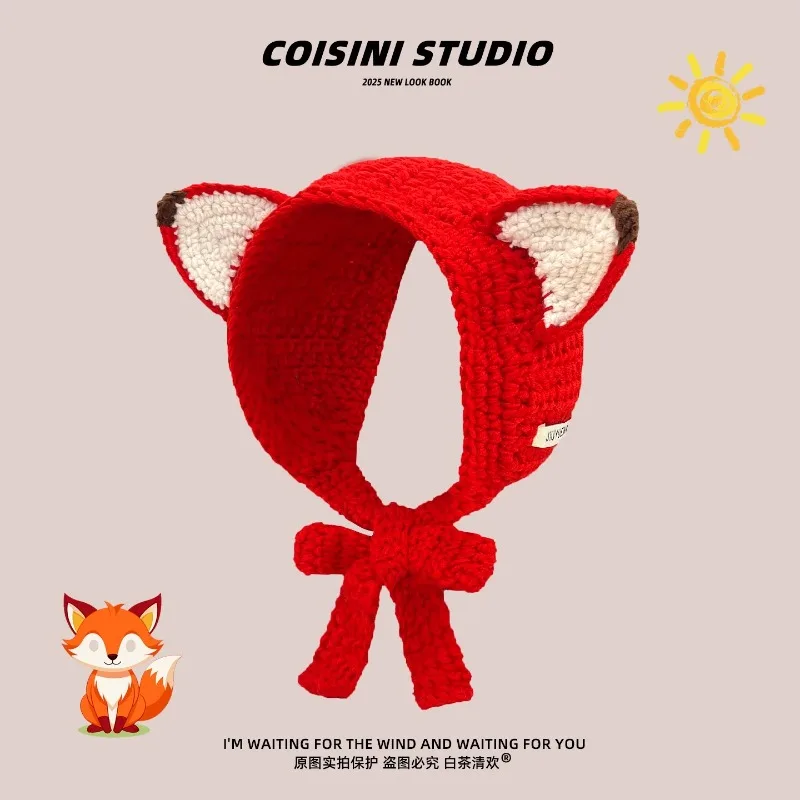 Christmas Red Cute Fox Ears Knitted Earmuffs for Women Autumn and Winter Warm Ear Protectors Versatile Sweet Straps Earflaps