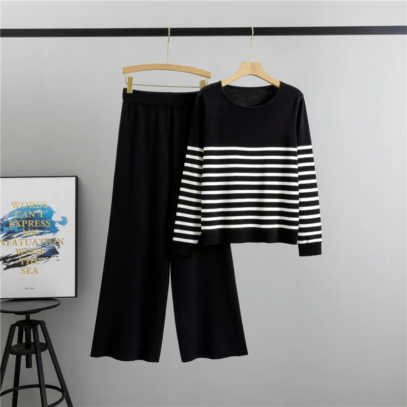 New In Autumn Winter Women Knitted Suit Striped Tops Wide Leg knit pantst Waist Loose Set 2-piece Set Casual Clothes for Women