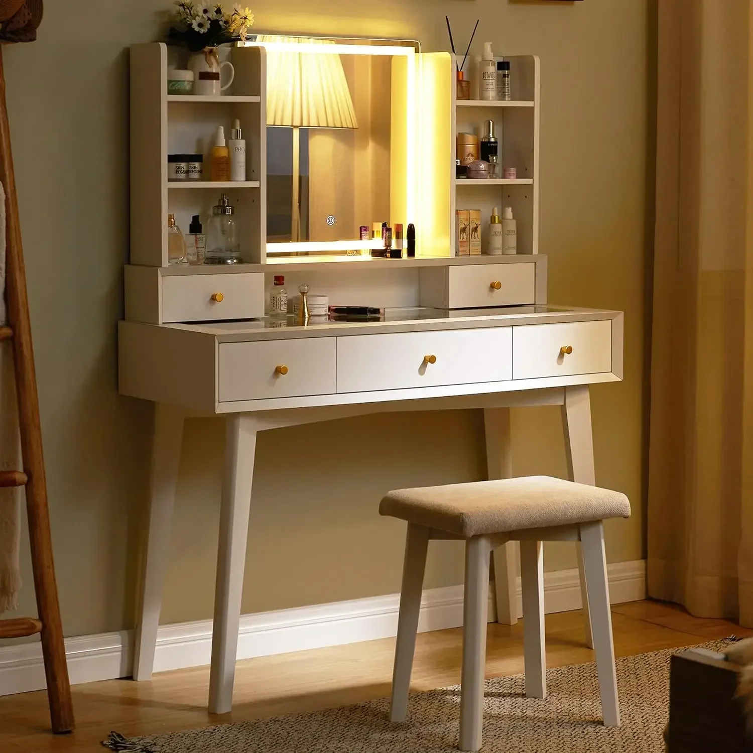 Modern Makeup Dressing Table with Mirror and Light 42 Inch Glass Tabletop Table with 5 Drawers and Shelves Including Chairs Ligh