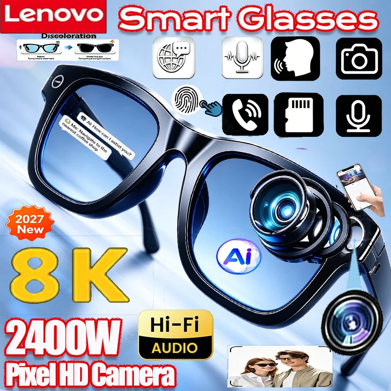 Lenovo 8K 2400MP Smart Glasses With Camera Vedio Translation Hands-Free Call AI Chat Logging Music Playback AI Smart Sunglasses