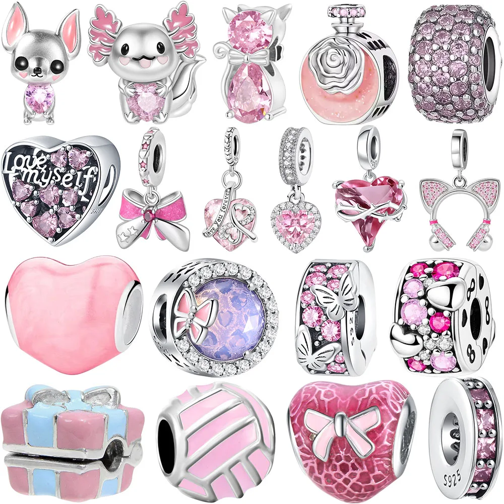 

New 925 Sterling Silver Pink Shiny Zircon Gift Box Charm Pendant Bead Fit Original Bracelet Keychain Necklace DIY Women Jewelry