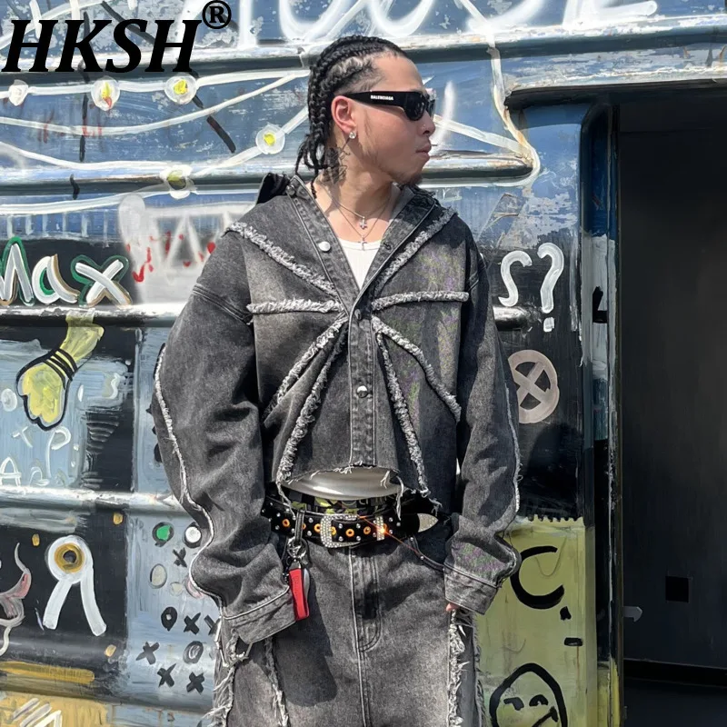 

HKSH Spring Autumn Men Tide Punk Deconstructed Stylish Detachable Distressed Hooded Denim Jacket Patchwork Chic Ins Coat HK17703