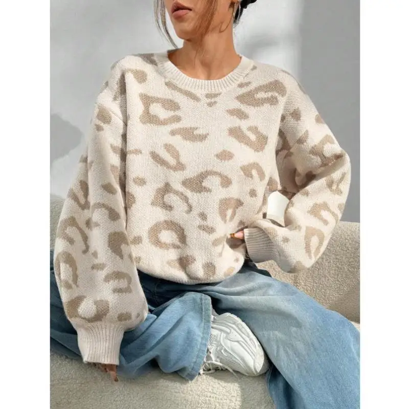 

Loose oulder Leopard Print Knitted Sweater Knwear Casual Ciwalk Ne Nine Sve Coolmax Fiber Women's Winter Sweater
