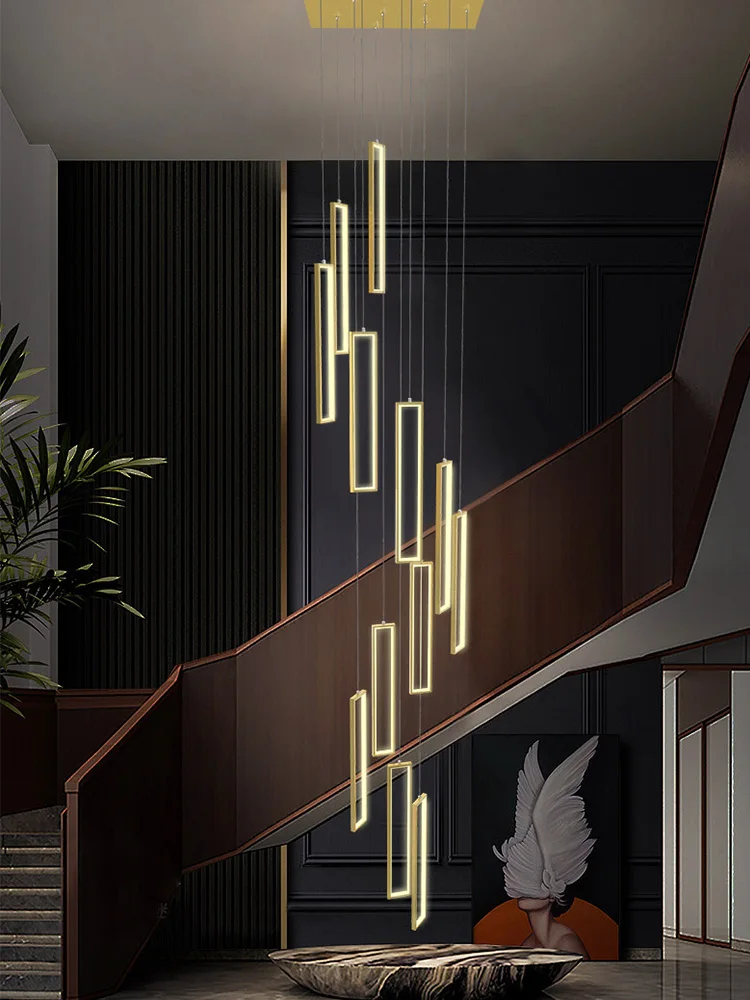 Modern LED Staircase Chandelier Minimalist Lighting Fixture in Loft Apartment Square Pendant Lamp Indoor Hall Hanging Chandelier