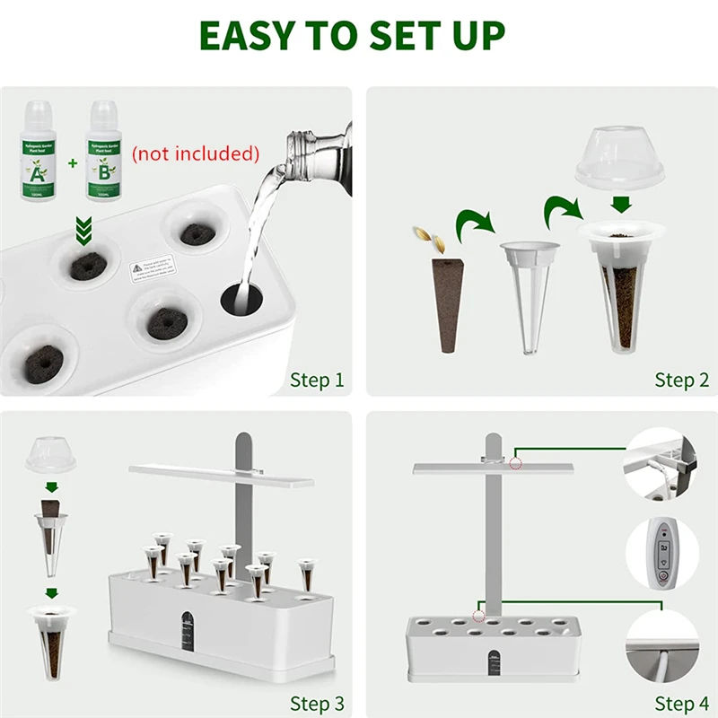 Sistema de cultivo hidropónico para interiores, Kit de jardín de hierbas, temporizador automático, altura ajustable, luces LED de cultivo, agua inteligente