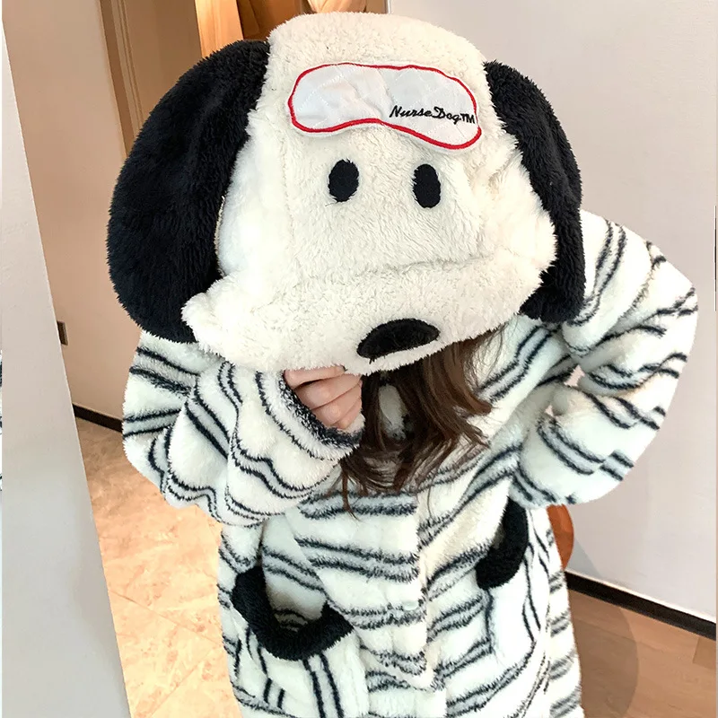 New Anime Women Kawaii Cartoon Snoopy Hooded Pajama Set Striped Flannel Winter Warm Fuzzy Homewear Cute Long Sleeve Sleepwear